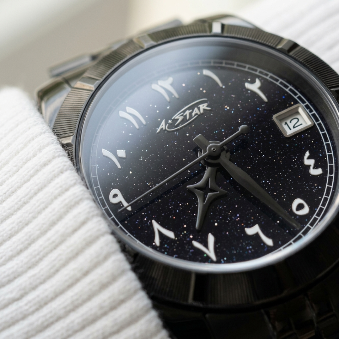 Montre A★Star Arabic PVD Noir — macro du cadran étoilé pailleté avec chiffres arabes blancs et guichet date