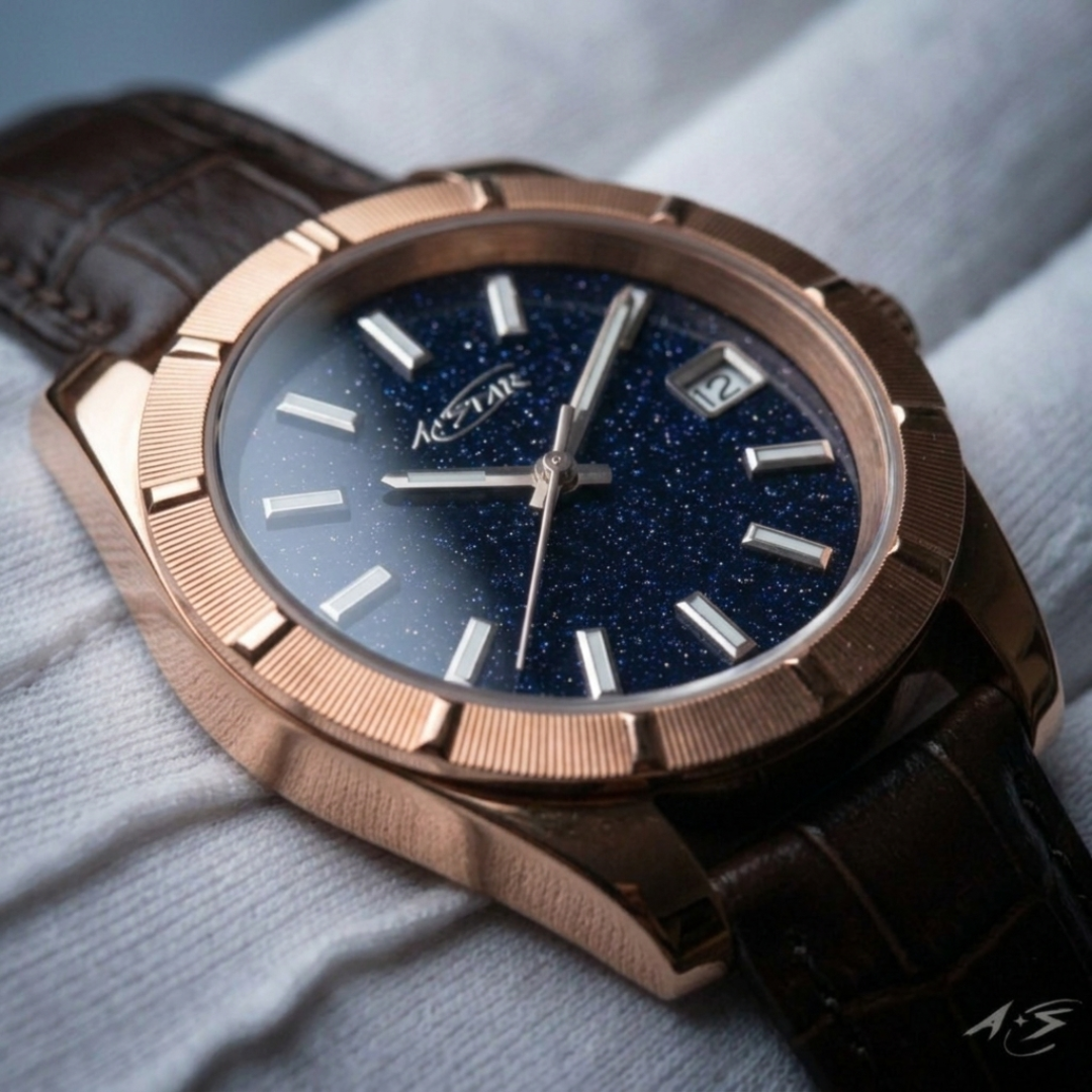 A★Star Moderne Or Rose · Cuir Brun — gros plan cadran étoilé