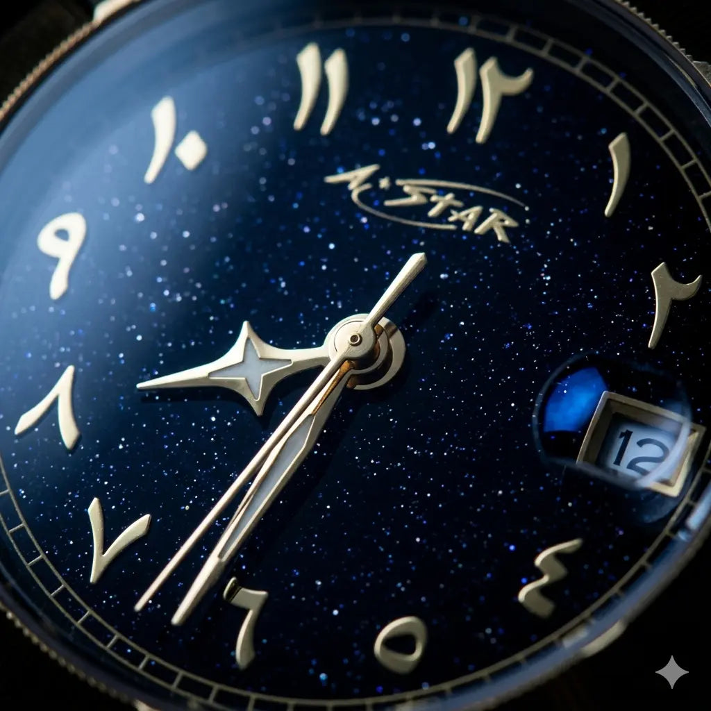 Collection Arabic A★Star — cadran pailleté bleu nuit avec chiffres arabes, mouvement NH35