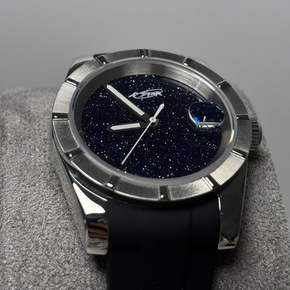 A★Star Pure Silver Black — cadran étoilé pailleté bleu nuit, boîtier Constellation acier, guichet date