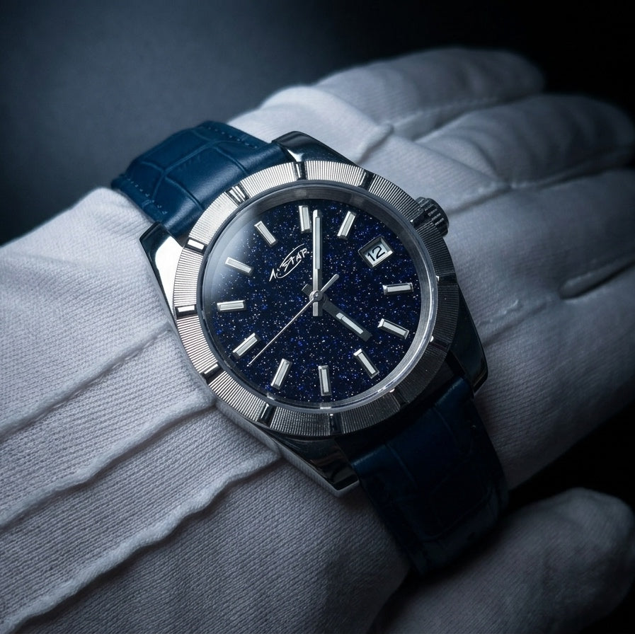 A★Star Moderne Silver · Cuir Bleu — cadran étoilé bleu nuit