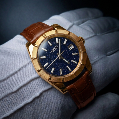 A★Star Moderne Or Jaune · Cuir Cognac — au poignet, gant blanc