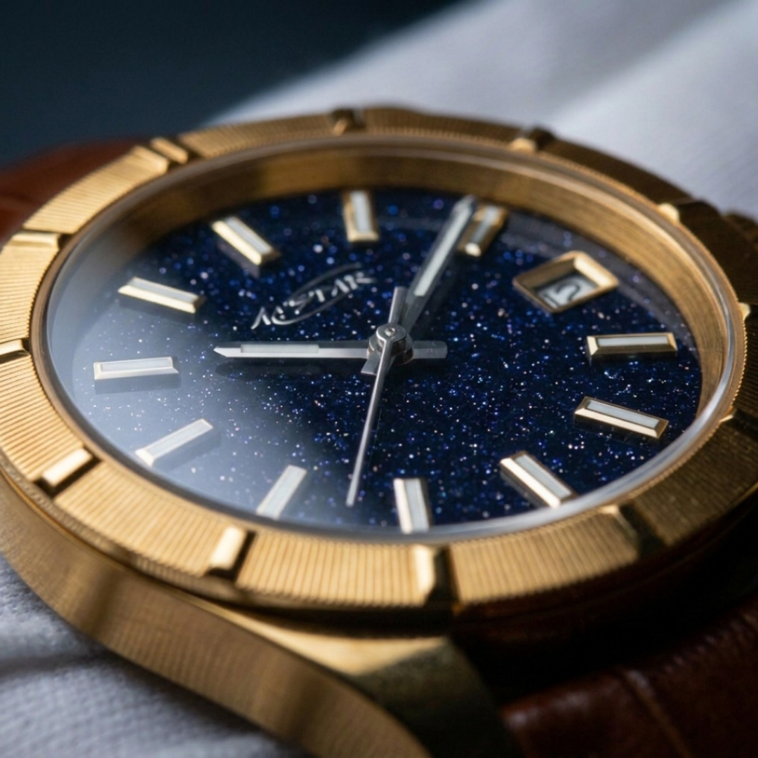 A★Star Moderne Or Jaune · Cuir Cognac — gros plan cadran étoilé