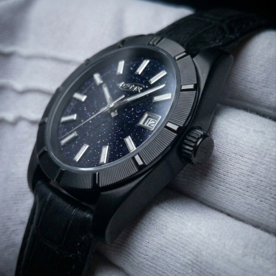 A★Star Moderne PVD Noir · Cuir Noir — profil boîtier et couronne
