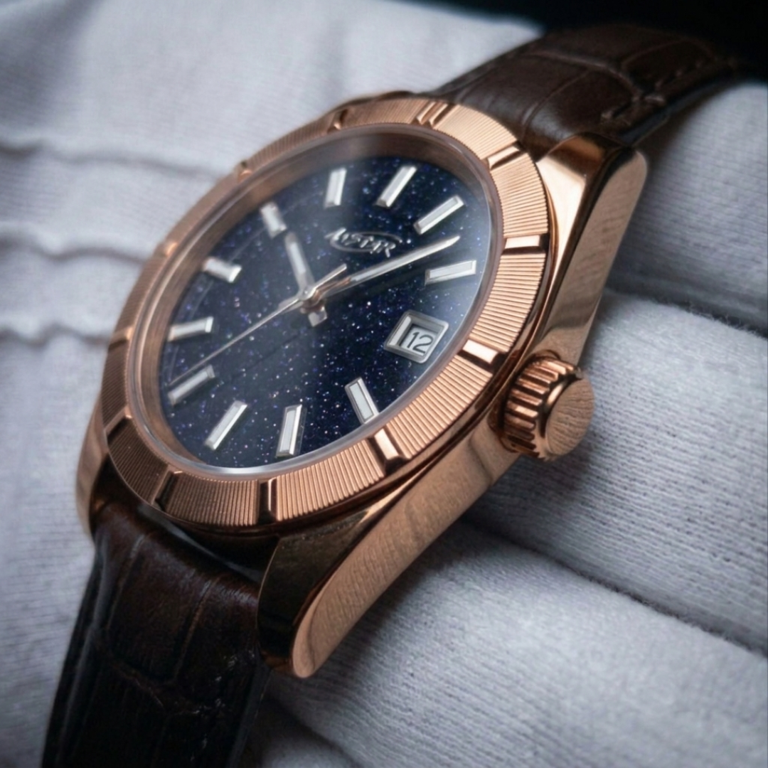 A★Star Moderne Or Rose · Cuir Brun — profil boîtier et couronne